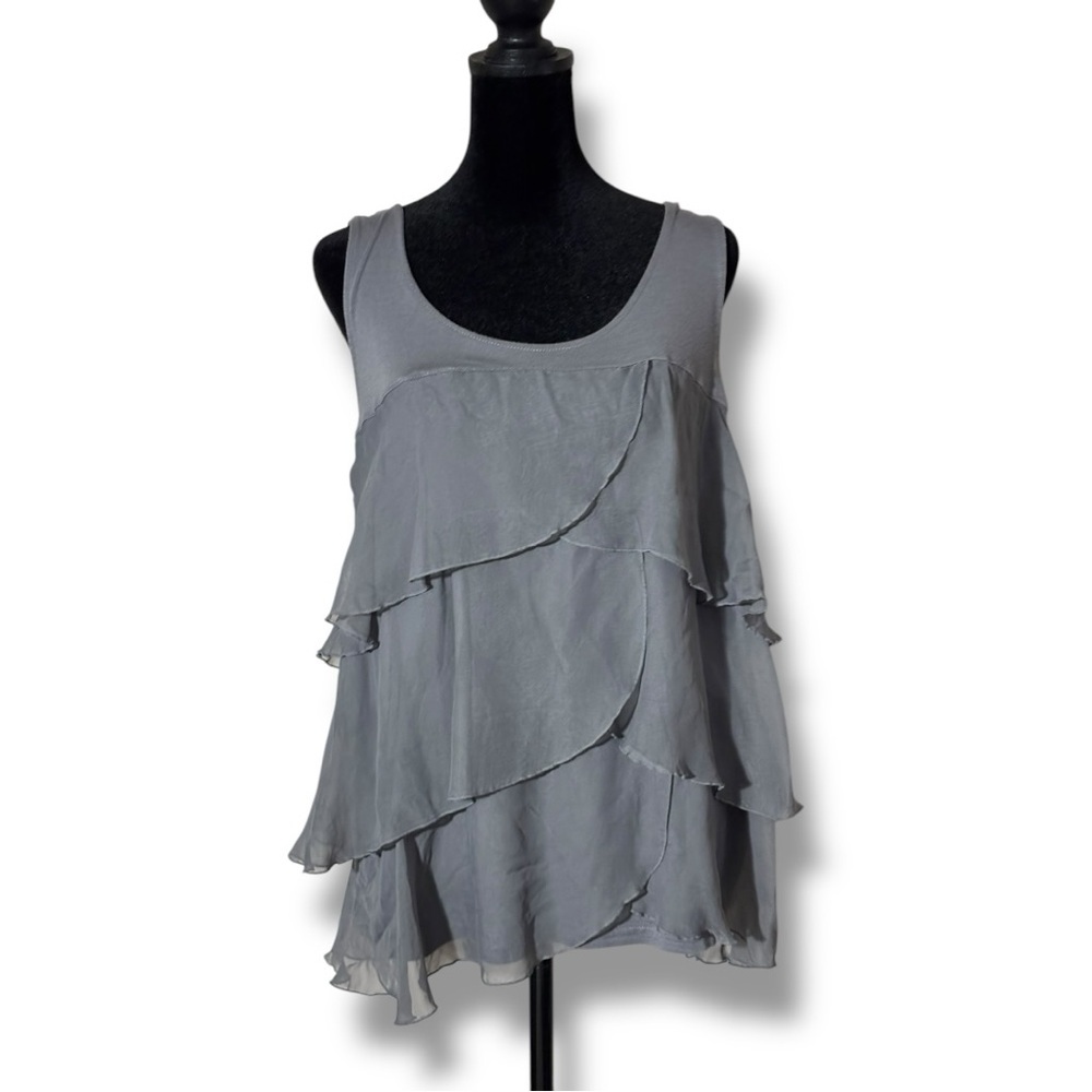 H&M Flowy Scoop Neck Light Gray Asymmetrical Ruffle Tiered Sleeveless Tank Top